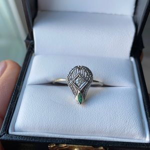 Vintage 14K White Gold Ring w/Diamond & Emerald